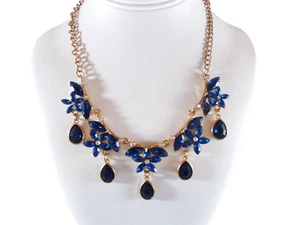 Royal Blue Acrylic Rhinestone Flowers Teardrop Dangles Choker Necklace Free Ship - Picture 1 of 11