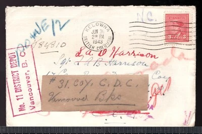 1943 Canada cover. Canadian Army Overseas. Busy, redirects, handstamps, notes. - Image 1 of 2