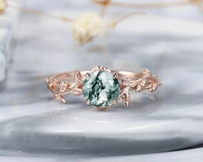 Moss Agate Engagement Ring, 925 Sterling Silver, Leaf Bridal Promise Ring - Image 1 of 3