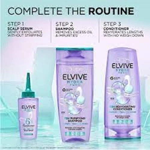 TRIO PACK L'Oreal Elvive HYDRA PURE 72H Purifying Shampoo & Conditioner & SERUM