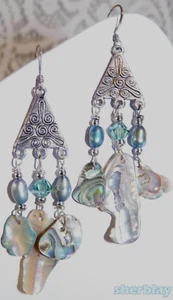 WONDERFUL VINTAGE SILVER TONE DANGLE EARRINGS WITH ABALONE Shells 3" - Picture 1 of 4