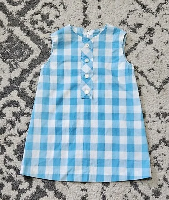 Винтажное детское сине-белое платье-буйвол в клетку без рукавов ручной работы 1960-е - Изображение 1 из 4