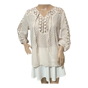 Anthropologie Bila's Womens Crochet Lace Top Large Ivory 3/4 Sleeve Beachy Sheer - Picture 1 of 16