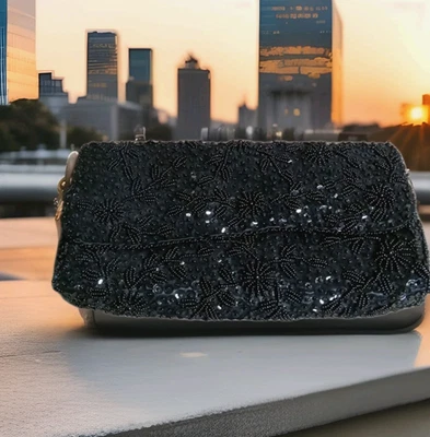 Vintage 1920s Black Glass Beaded Evening Bag Art Deco Purse Handbag CLUTCH - Image 1 of 4