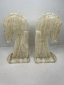 Vtg Trojan Horse Head Bookends Carved Onyx Marble Stone Book Ends Chess Knight - Picture 1 of 14