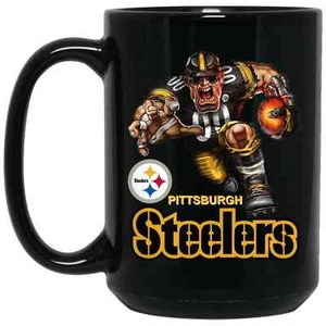 Pittsburgh Steelers Logo Steely Player Mascot Black 15 oz Ceramic Coffee Mug Cup - Picture 1 of 3