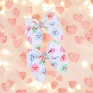 Heart Hair Bow Clips Grosgrain Ribbon Girl Hair Barrette Valentines Be Mine Set - Picture 1 of 3