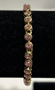 Vintage Signed Avon Pink Rhinestone Gold Tone Circle Box Chain Tennis Bracelet - Picture 1 of 6