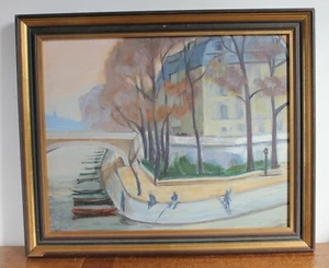 Ölgemälde von Jean Ouvrard "Ein Kai mit Booten" gerahmt - Bild 1 von 2