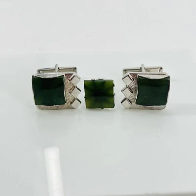 Gemelos y pasador de corbata vintage jade genuino tono plata Foto 1 de 4