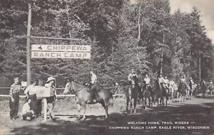 Trail Horse Riders Chippewa Ranch Camp Eagle River Wisconsin 1940s postcard - Picture 1 of 2