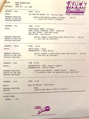 6/20/86 MIKE HARRISON'S 'ROCK CONNECTIONS' GOLDEN ERA OF FM ALBUM ROCK,1967-1975 - Image 1 of 2