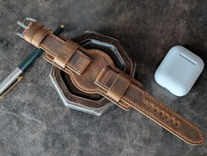 22 24 26mm Handmade Watch Band, Genuine Leather Bund Strap, Vintage Style Cuff - Picture 1 of 12