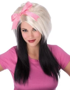BLACK BLONDE PINK BOW LONG 2 TONE WIG COSTUME LF8055 - Picture 1 of 1
