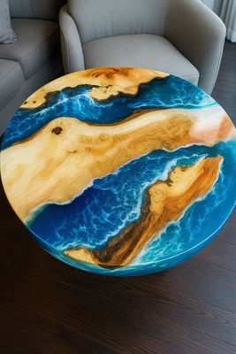 21" Modern Coast Resin & Natural Wood Accent Table|Round Minimalist Coffee Table - Image 1 of 4
