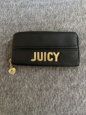 Juicy Couture Black Zip Around Wallet Gold Logo Heart Charm Faux Leather Purse - Image 1 of 4