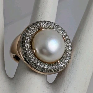 Anillo Honora Bronce ITALIA Perla Cultivada Pavé Circonita cúpula Halo Moda Talla 5 - Imagen 1 de 10