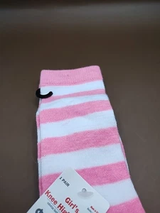 One Pair Girls Knee-high Socks Pink And White Stripe Shoe Size 4 To 7 And 1/2 - Picture 1 of 2