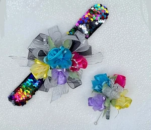 Rainbow Rose Boutonniere Wrist Corsage Grooms Men's Wedding Flowers - Picture 1 of 8