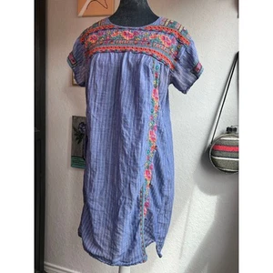 Johnny Was workshop- blue stripe dress- unlined- embroidery neck details small - Picture 1 of 5