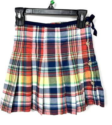 Ralph Lauren Girls Skirt Size 5 Madras Pleated Stretch Waist Button Up Lined EUC - Image 1 of 4