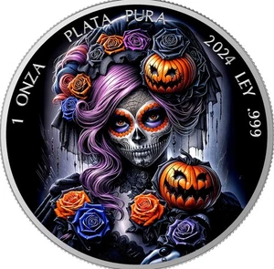 2024 Mexico DIA DE LOS MUERTOS Black Halloween Libertad 1 Oz Silver Coin - Picture 1 of 3