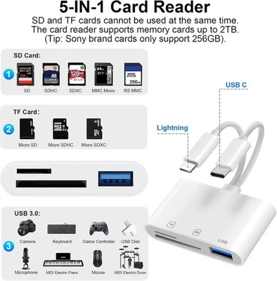 5 In 1 SD Kartenleser für iPhone und Android  Lightning/USB-C SD/TF - Bild 1 von 4