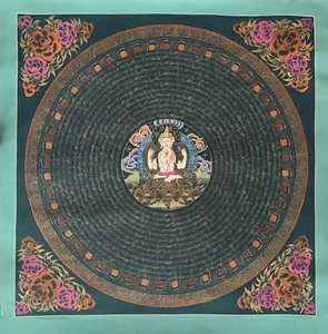 CHENREZIG OM MANI PADME HUM MANTRA MANDALA PEINTURE ORIGINALE TIBÉTAINE THANGKA - Photo 1/11