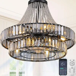 HEMLDAN 24" Double Layer Crystal Caged Ceiling Fan Light Modern Smart Fandeli... - Picture 1 of 9