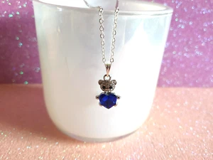 🧸💗Sweet Sapphire Blue Rhinestone Teddy Bear Charm Pendant Necklace💗🧸 - Picture 1 of 9