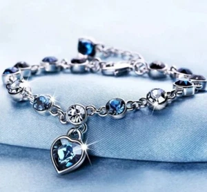 Heart Charm Womens Girls Bracelet Crysta Silver coloured costume Jewelry - Picture 1 of 1