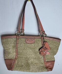 Coach Alexandra Studded Beige Coral Straw Patent Leather Tote F21959 EUC! $398