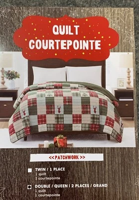 Festive Patchwork Plaid Quilt Full/Queen Bed Green Red New In Bag 86”x86”, Moose - Image 1 of 4