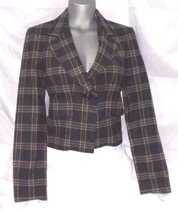 Size 6 Blazer Gray Beige Brown Plaid Wool Cropped by 2 B Rych - Picture 1 of 5
