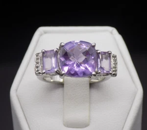 Estate Amethyst Ring Diamond Accents 925 Sterling silver Signed QJ India size 7 - Picture 1 of 18