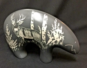 Signed Frank Lee Sculpture Gray Bear with Carved Elk/Deer Designs 2010 Navajo - Picture 1 of 8