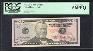 FR. 2131-E 2009 $50 FW FRN “RADAR S/N JE11100111A” PCGS GEM UNCIRCULATED-66PPQ - Picture 1 of 2