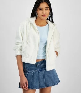 Planet Heart Juniors White Faux Fur Cozy Hooded Jacket Pockets Size M NWT - Picture 1 of 6