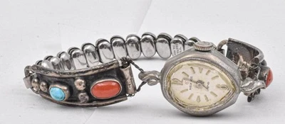 Correa de reloj vintage de plata esterlina turquesa y coral L SPENCER NAVAJO para dama Foto 1 de 4