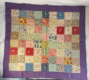 Vintage Handmade Patchwork Sitting Blanket with Purple Border 32 X 29 inches - Picture 1 of 18