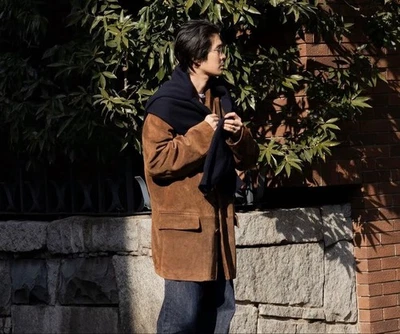 J.Crew 90s Gamuza Cuero Chaqueta Marrón M Clásico Medio Abrigo Usado Foto 1 de 4