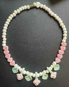 Vintage Flying Colors Hand Painted Ceramic HEARTS & FLOWERS Necklace - Picture 1 of 3