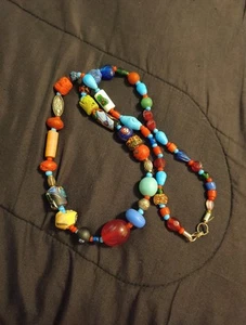 Vtg Silver Tone Millefiori Glass Beads Hand Blown Necklace 33 In Colorful Faces - Picture 1 of 10
