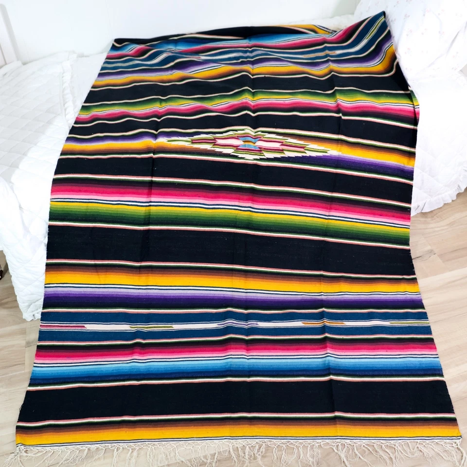 Alfombra Manta Saltillo Vintage Lana Finamente Tejida 52x87 Rayas Mexicanas Antiguas Años 40 Foto 1 de 4