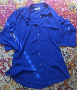  Lässige lockere Damenbluse mit Rollärmeln geknöpft, royalblau, Größe S - Bild 1 von 5