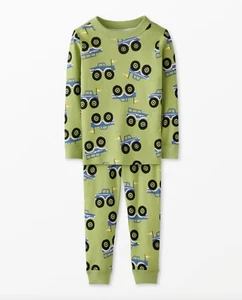 Hanna Andersson Long John Pajama Set 4 Boys Monster Trucks Leaf Green Cotton NEW - Picture 1 of 2