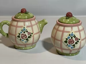 Vintage Mary Engelbreit Teapot Creamer Sugar Bowl Set Pink White Rose Lid 1998 - Picture 1 of 10