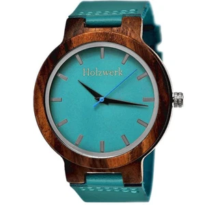 Woodwerk KAHLA reloj de madera grande para mujer con correa de cuero en azul turquesa y marrón - Imagen 1 de 6