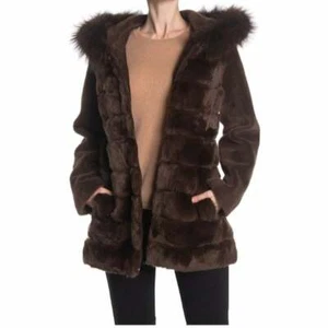 New Blue Duck Brwon Flocked Genuine Fur Trim Hooded Down Coat Size Large - Picture 1 of 12