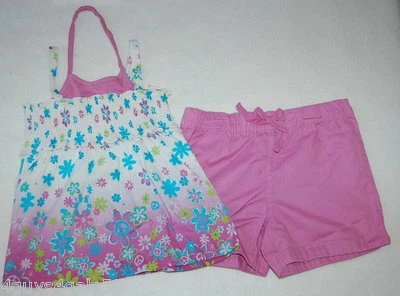 Girls 2 PC Outfit FLOWER TANK TOP Smock Halter PURPLE TURQUOISE Shorts SIZE 4 - Image 1 of 2
